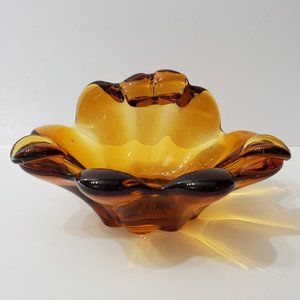 Amber Art Glass Leaf Shaped Candy Dish Trinket Dish Ashtray